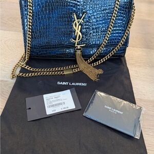 Saint Laurent Navy Croc-Embossed Shoulder Bag with Gold Chain WORN 4 times